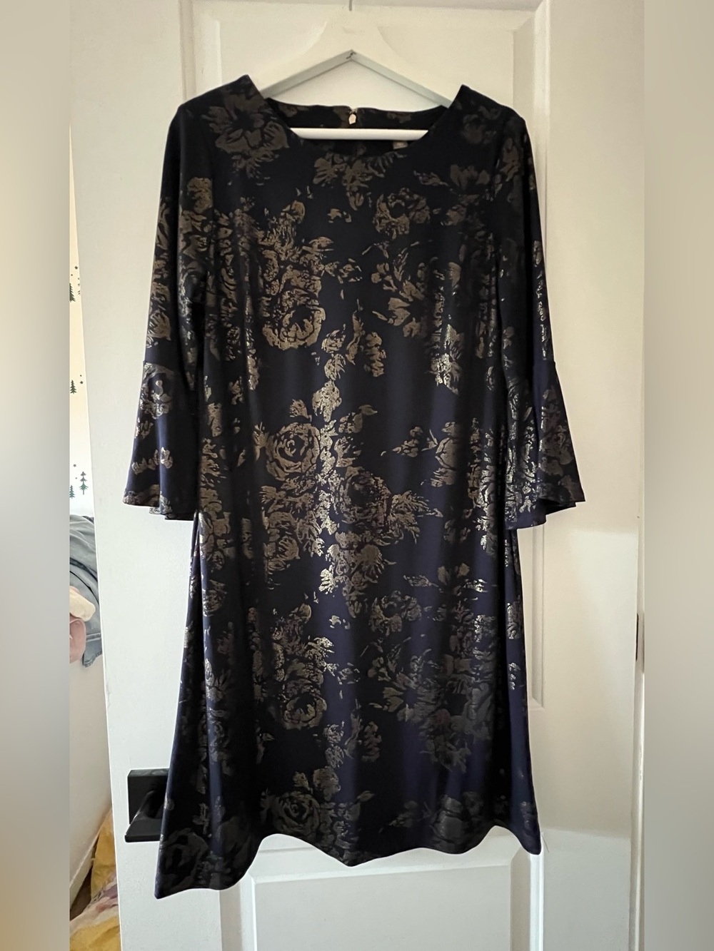 Tommy Hilfiger Navy Midi Dress with Gold Floral Foil